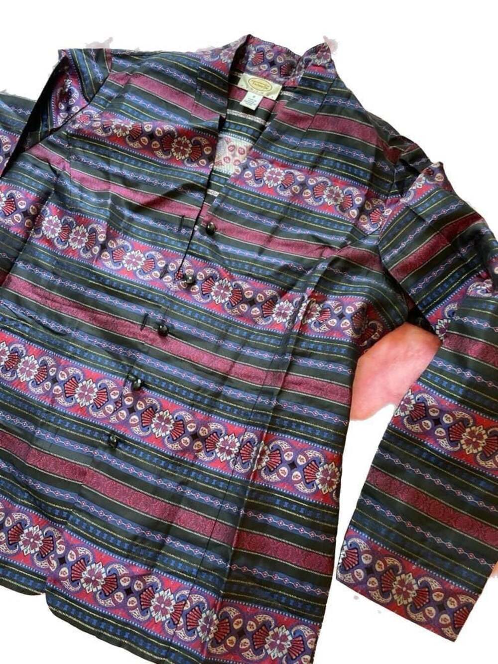 Talbots Petites Silk Jacquard Striped Floral Button-Up Jacket Size 8